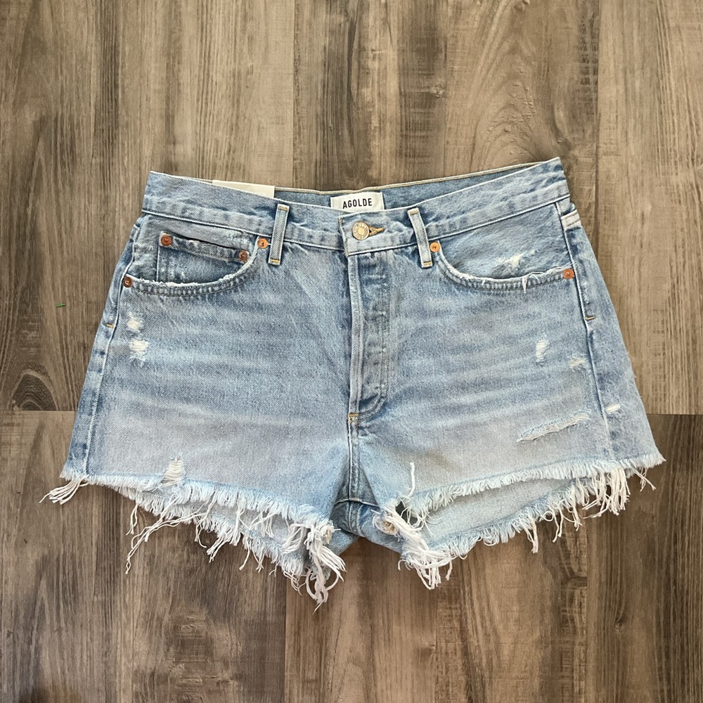 AGOLDE WOMEN'S PARKER DISTRSSED DENIM SHORTS SWAPMEET BLUE WASH SIZE 28 $128 - Picture 3 of 5